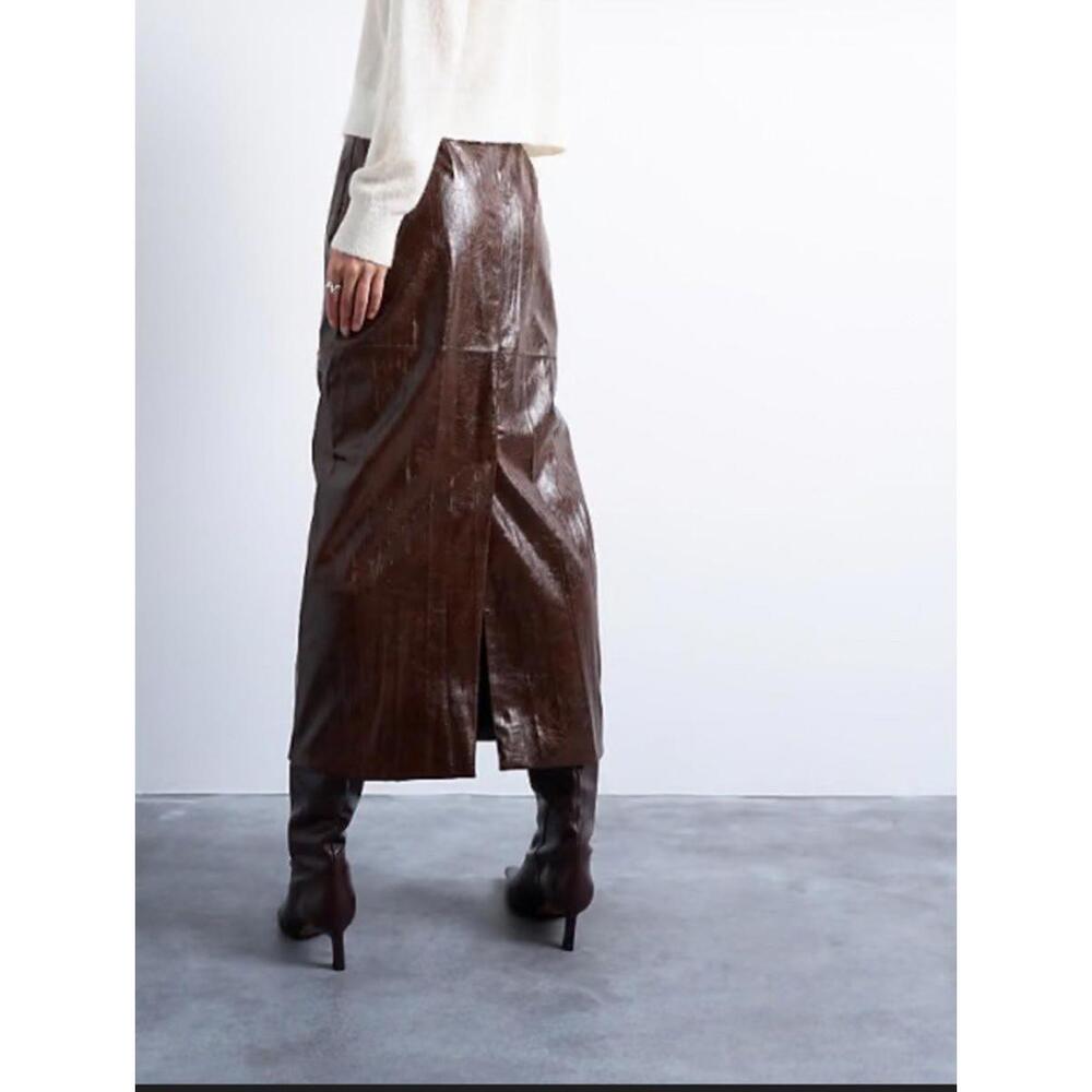 Asos Topshop Faux Leather Brown Skirt Womens 4 Maxi Long Slit New NWT